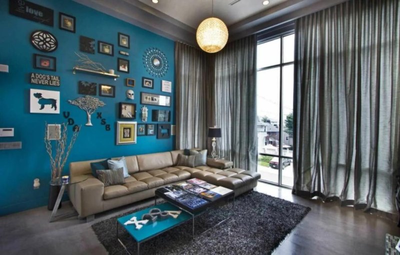 Living room interior with turquoise sofa