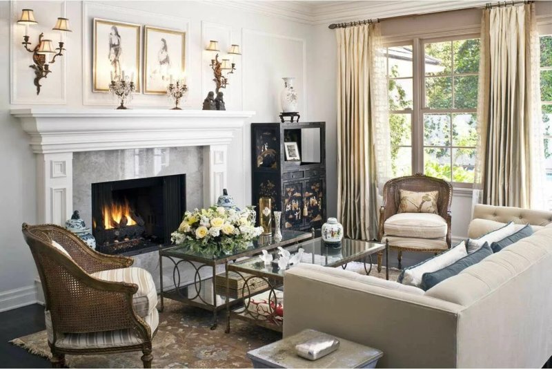 Living room with a fireplace in a classic style