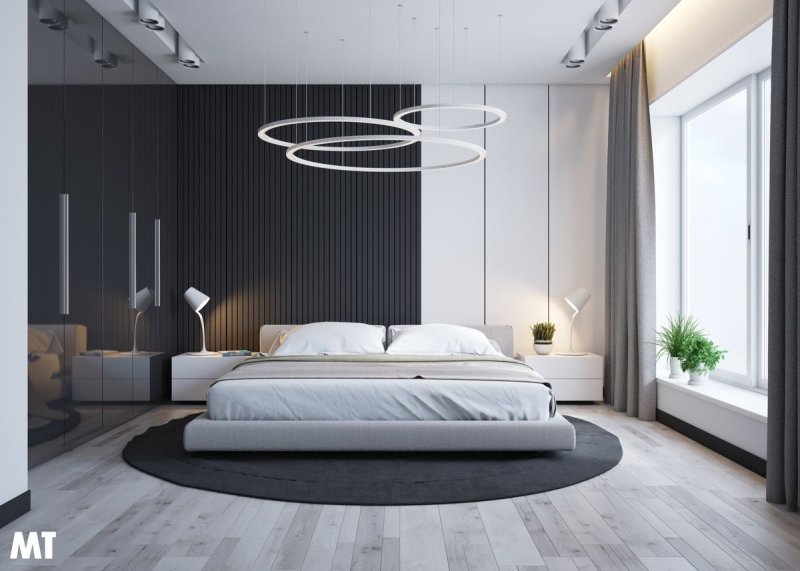 The interior of the bedroom in the style of minimalism