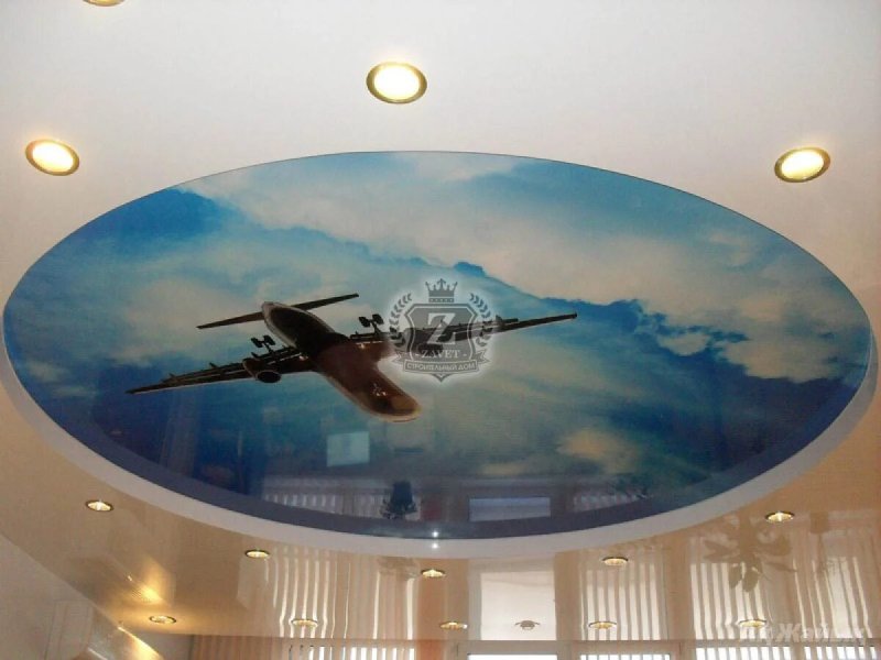 Stretch ceiling with an airplane