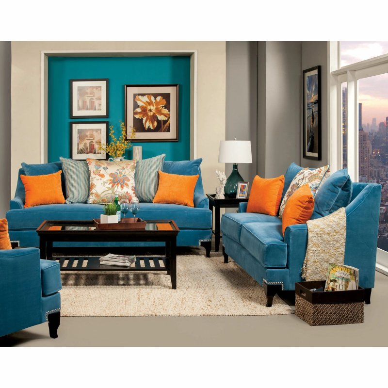 Living room interior with turquoise sofa