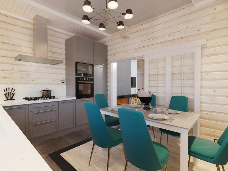 Kitchen in a wooden house in the interior