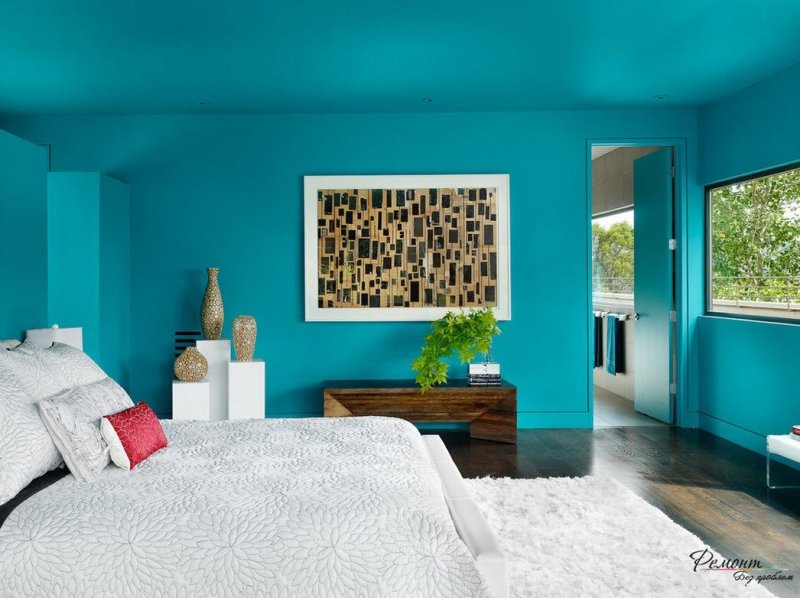 The color of the sea wave in the interior of the bedroom