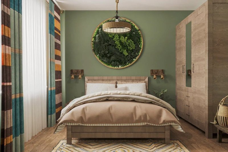 Green bedroom in the style of eco -style