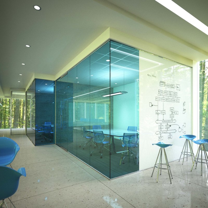 Glass partitions in the interior of the office