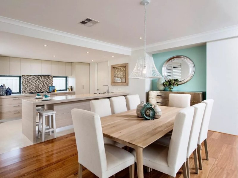 Kitchen living room in the Skandy style in a country house