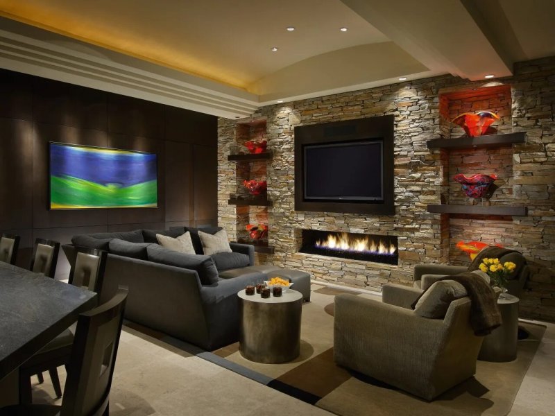 The living room with a fireplace