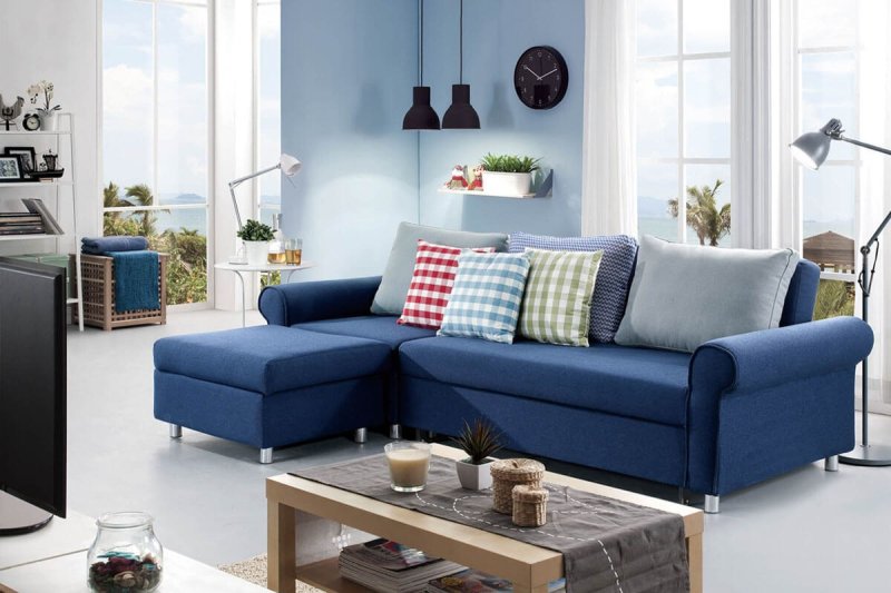 Living room with a blue sofa