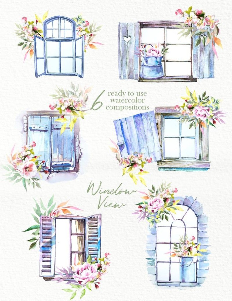 Watercolor window with flowers