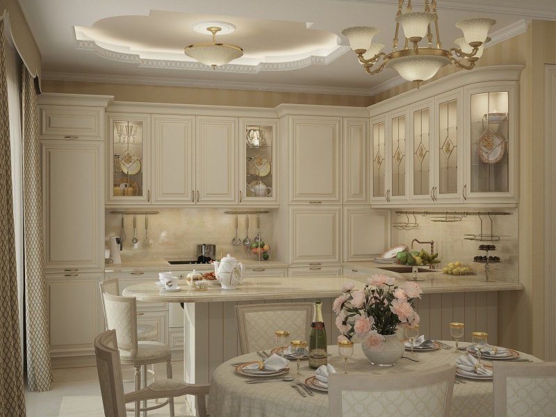 The interior of the kitchen-living room in the classic style