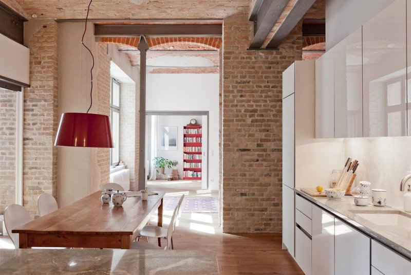 Brick in the interior of the kitchen