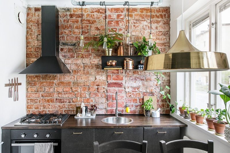 Brick in the interior of the kitchen