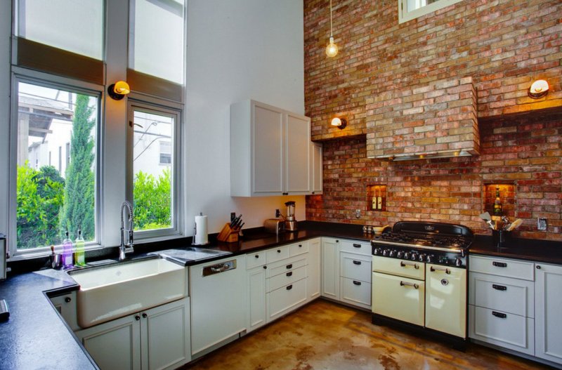 Brick wall in the interior of the kitchen