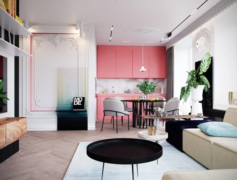 Pink kitchen in the interior