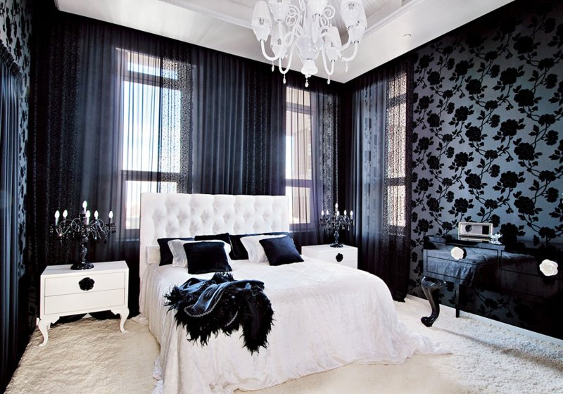 Black white bedroom interior