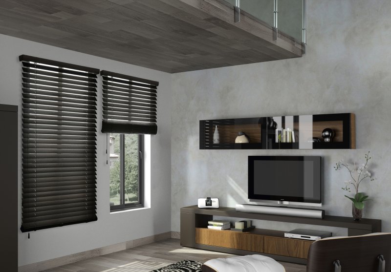 Wooden blinds in the interior of the living room