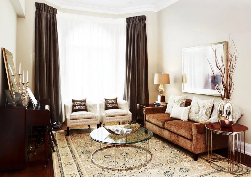 Brown curtains in the interior of the living room