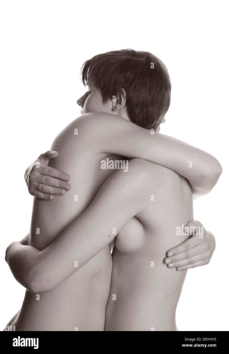 The guy hugs a naked woman