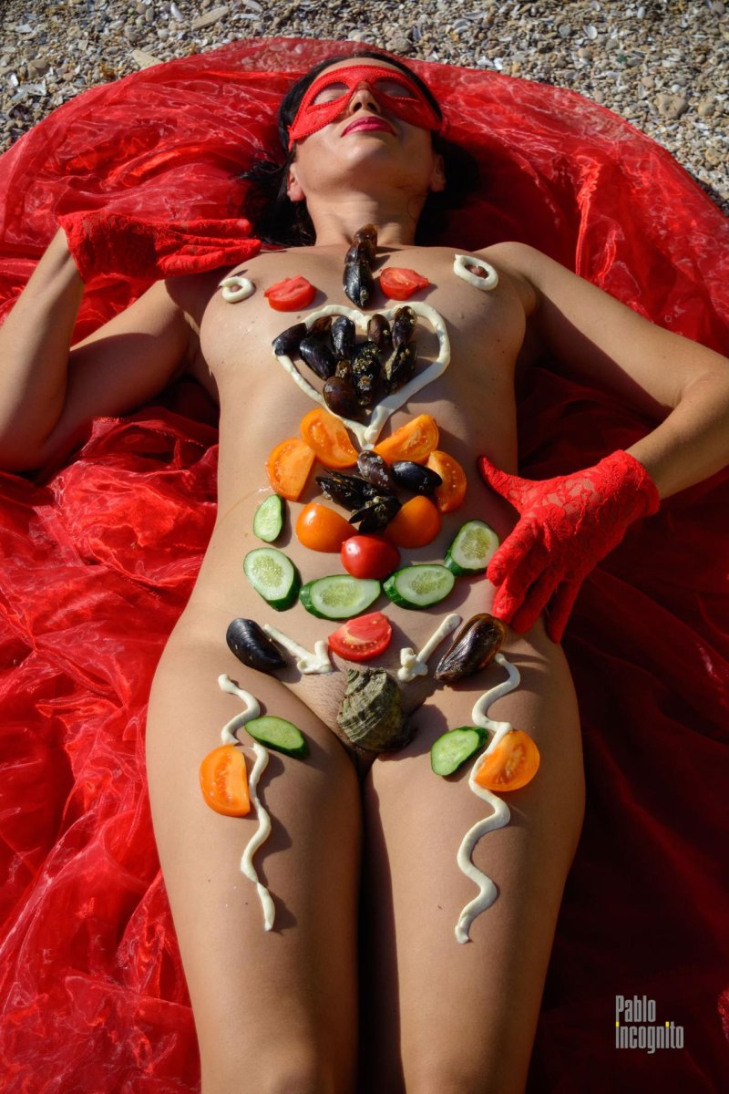 Food on the body of a girl