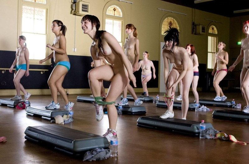 Naked engage in aerobics