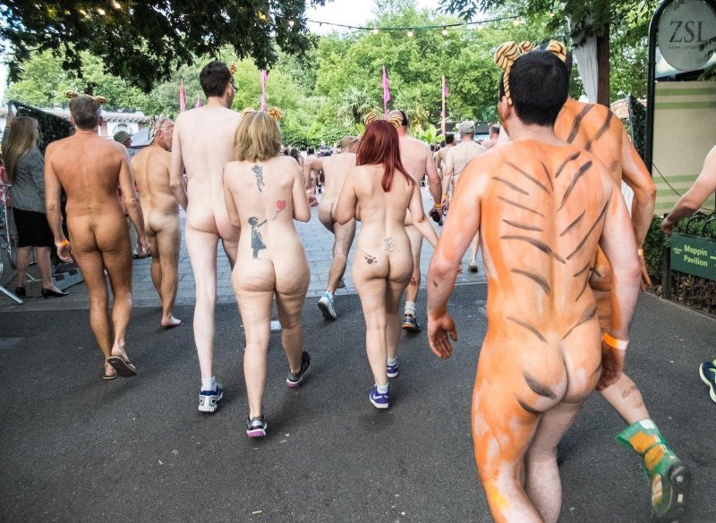 A parade of naked men and women