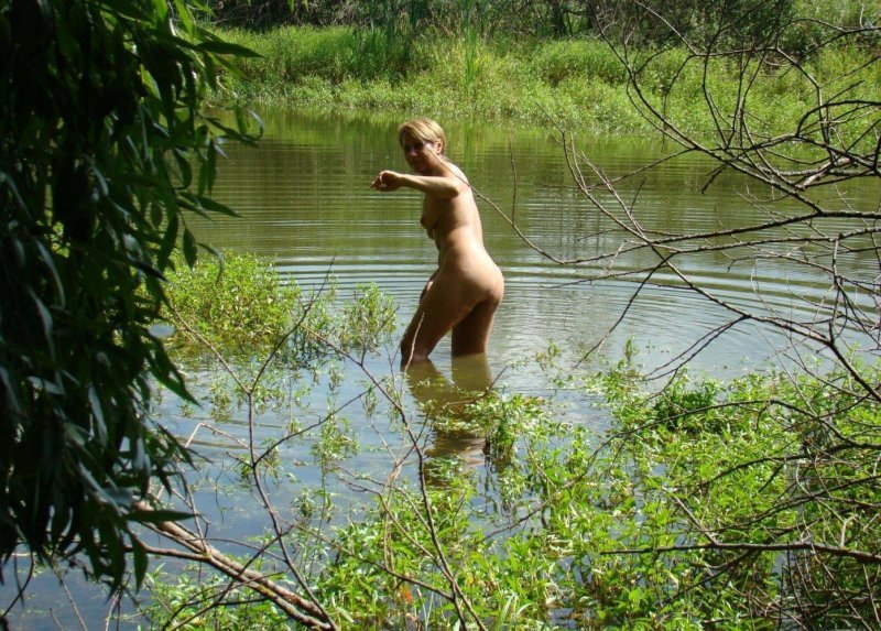 Bathing in the forest lake nude