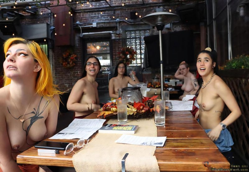 Girls Topless in a restaurant