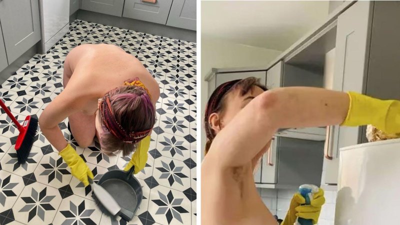 Naked cleaning lady with vacuum cleaner